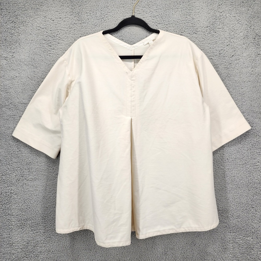 COS Cream V-Neck Box Pleat Blouse Elbow Sleeve Minimalist Top Large